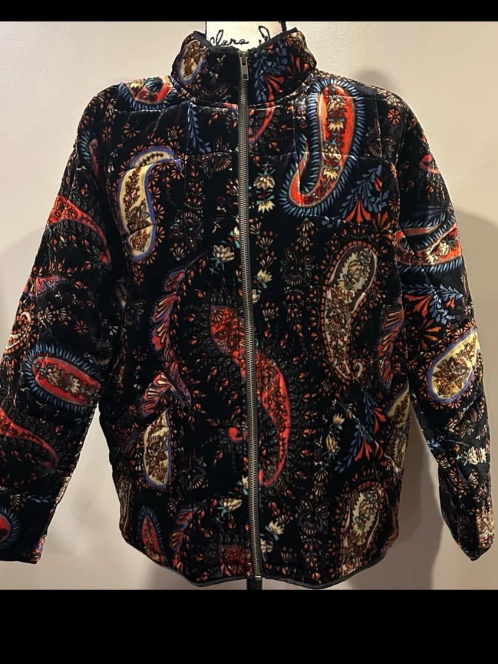 JOHNNY WAS Quilted Velvet Printed Stand Collar Lng Dolman Sleeve Pocketed Jacket